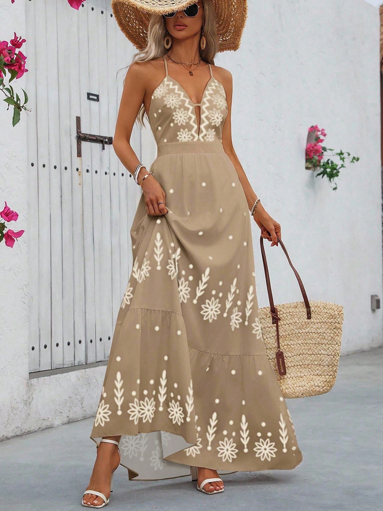 Floral Print Backless Halter Maxi Dress with Short Sleeves and Flowy Skirt