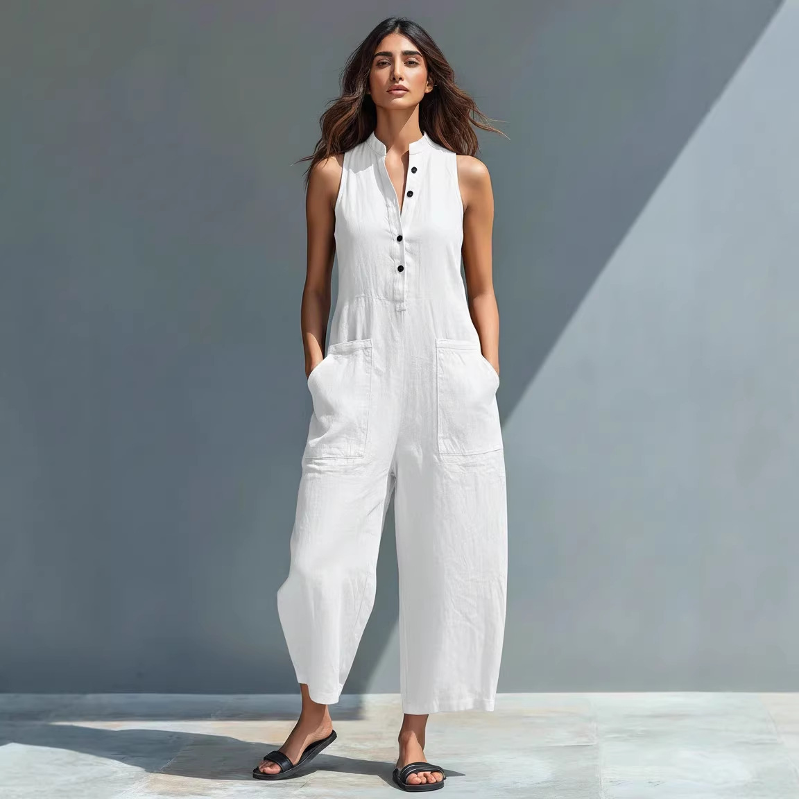 Women's Linen-Blend Button-Front Collared Sleeveless Wide-Leg Jumpsuit