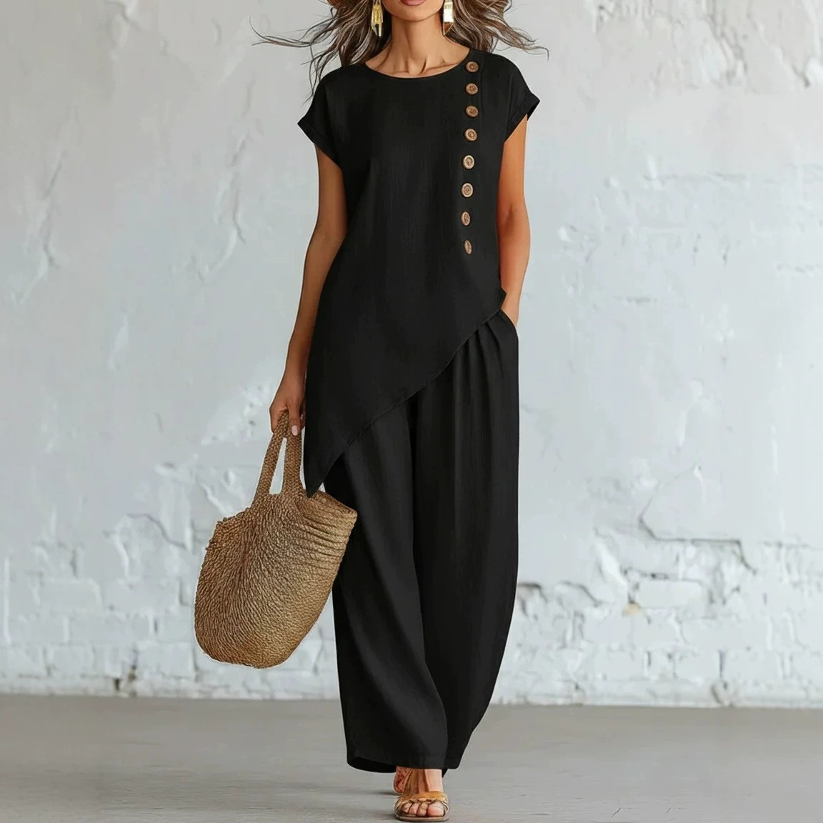 Women's Button-Down Short Sleeve Top and Wide-Leg Pants Set with Asymmetrical Hem