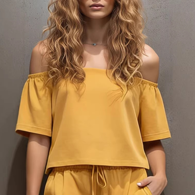 Women's Retro Yellow Off-Shoulder Top and Shorts Set