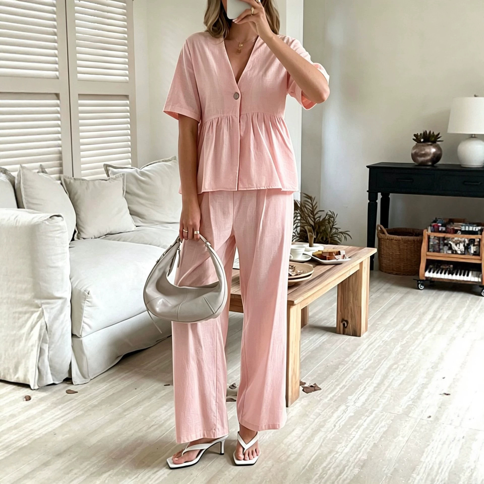 Elegant V-Neck Loose Short-Sleeve Top and Wide-Leg Pants Two-Piece Set