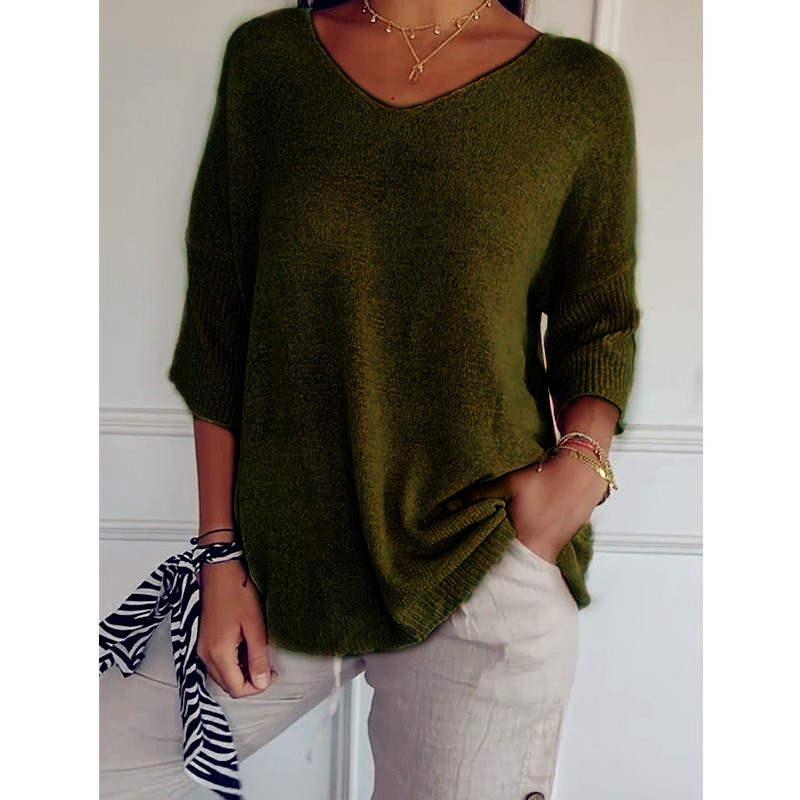 Women's V-Neck 3/4 Sleeve Solid Knit Top Slimming Casual Pullover