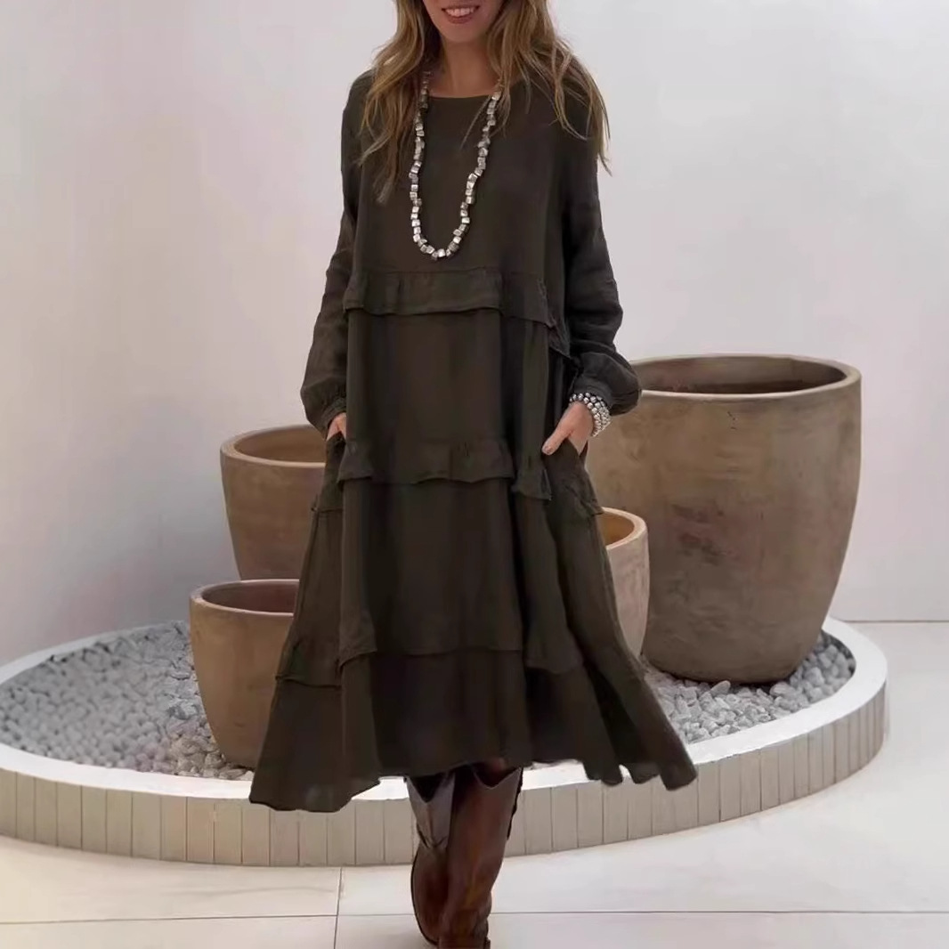 Women's Long Sleeve Ruffle Trim A-Line Dress with Pockets