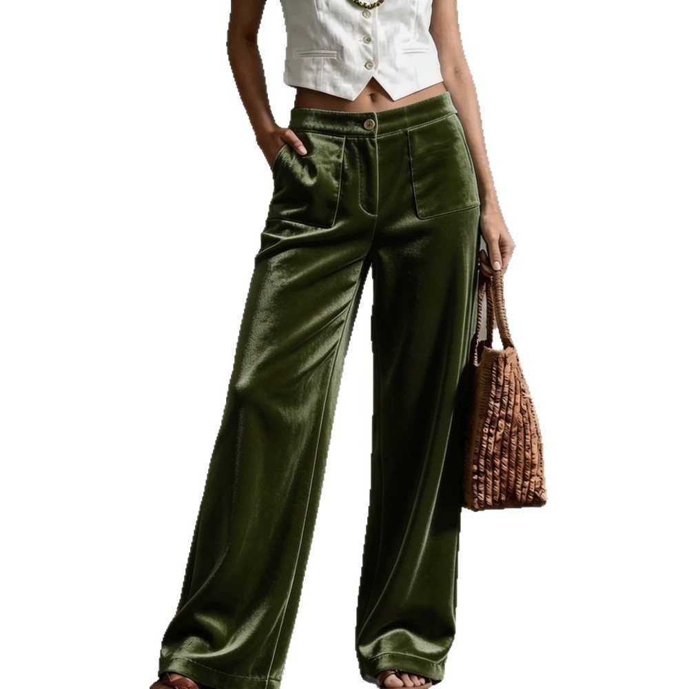 Women's Velvet High-Waist Straight-Leg Pants with Pockets
