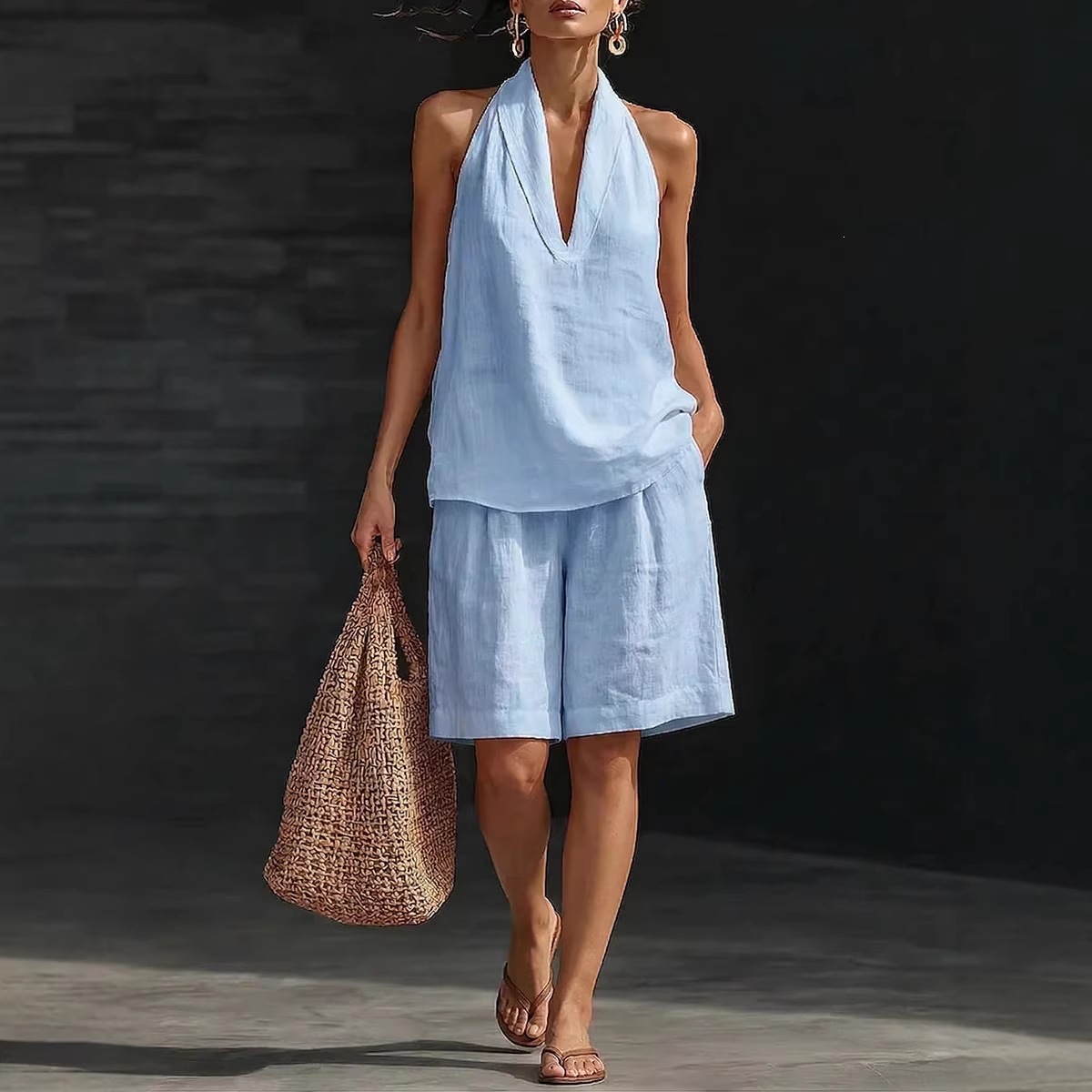 Women's Cotton-Linen Sleeveless Tank and Shorts Set Casual Summer Outfit