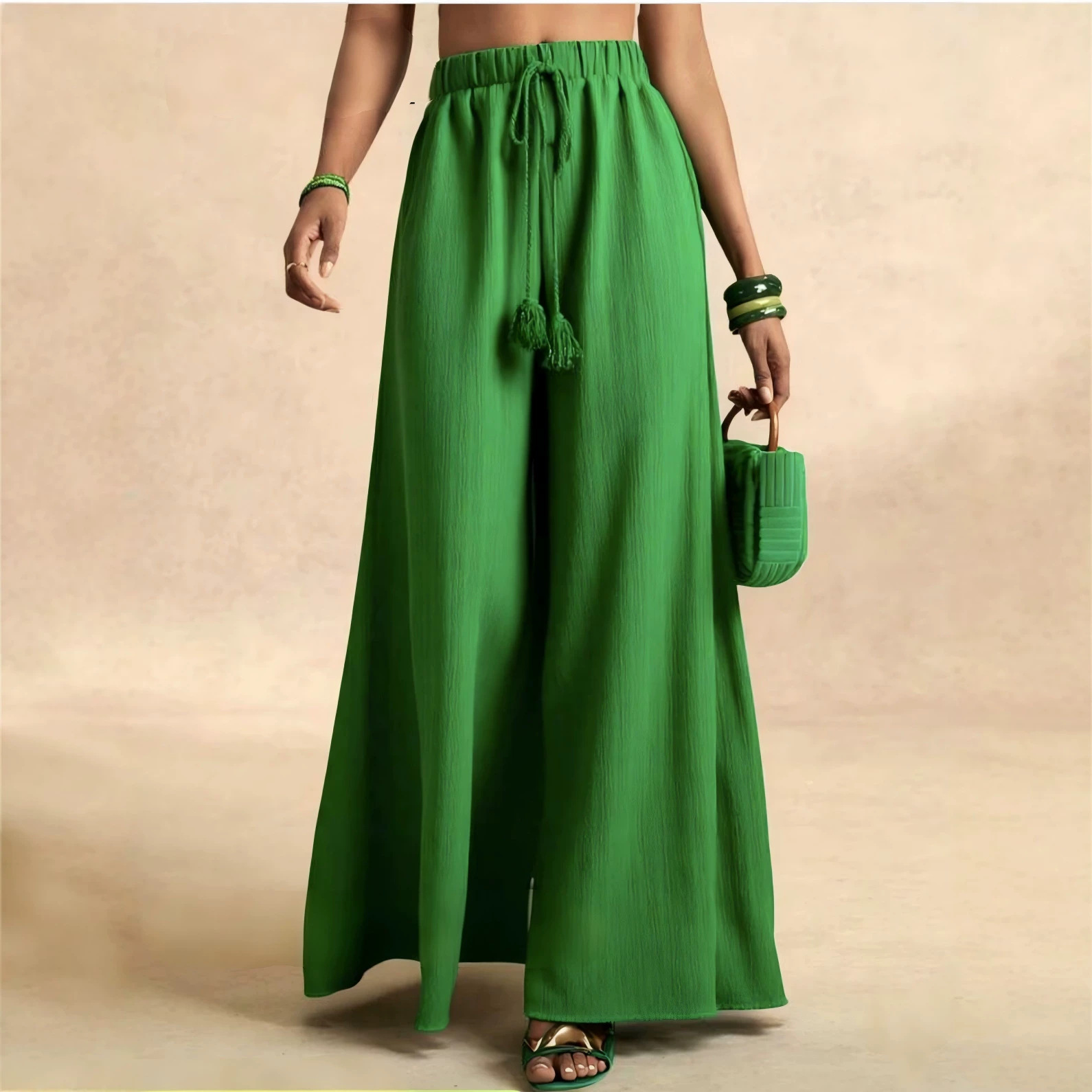 Women's High-Waist Wide-Leg Pants with Slant Pockets Solid Color Casual