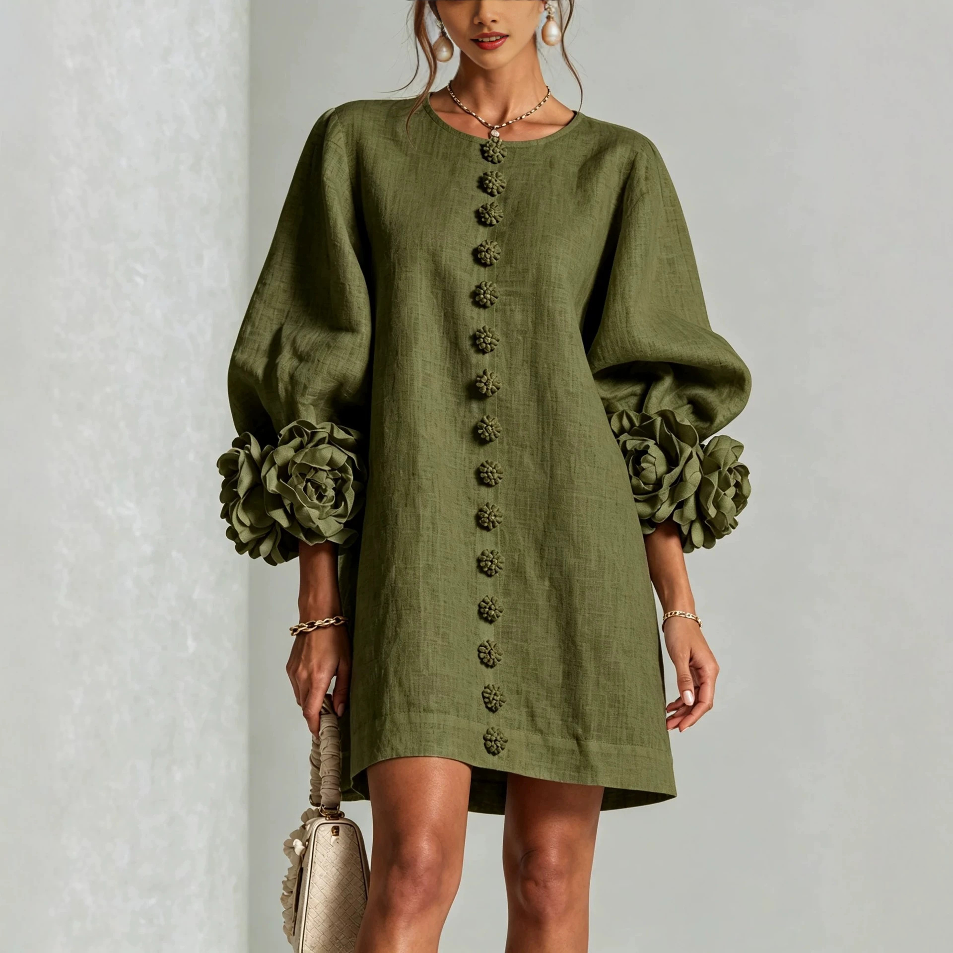 French 3D Floral Lantern Sleeve Cotton Linen Dress Round Neck Button Front Loose Short