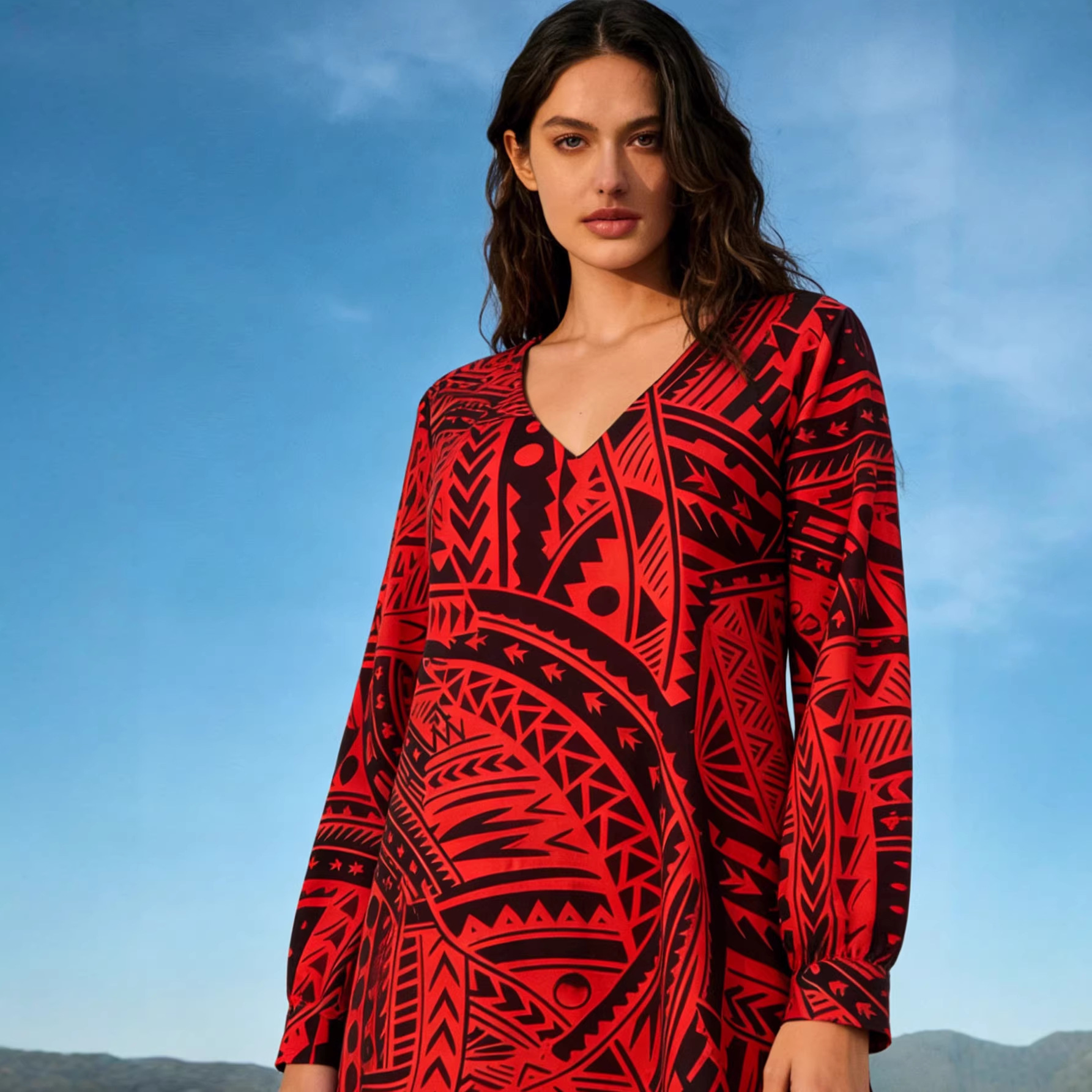 Women's Long Sleeve V-Neck Loose Bohemian Floral Print Maxi Dress