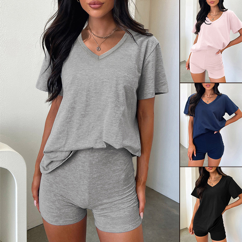 Women's V-Neck Short Sleeve Solid Color Casual Two-Piece Set