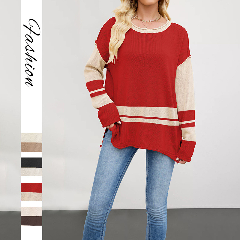 Color-Block Crewneck Knit Sweater, Loose Fit Pullover