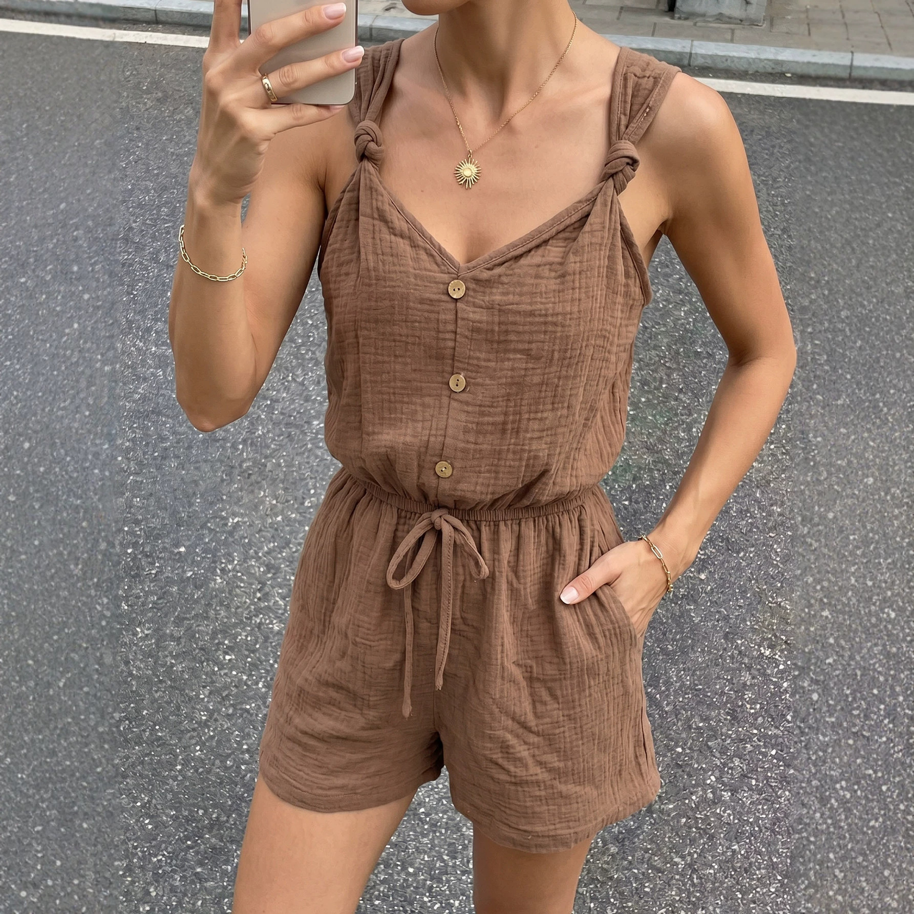 Women's Textured Twist Strap Sleeveless Romper Solid Color Vacation
