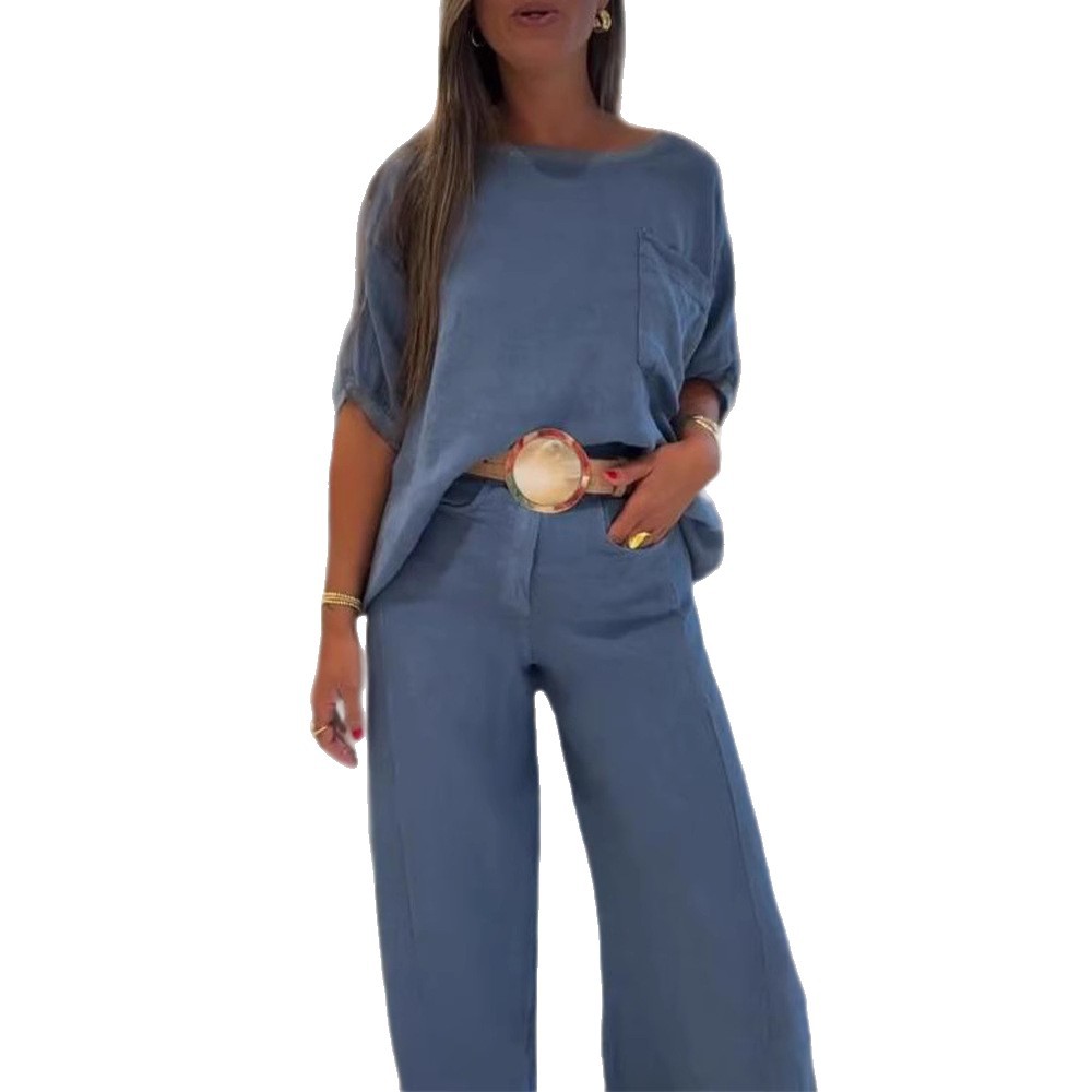 Women's Solid Color Round Neck Wide-Leg Pants Set Casual Two-Piece
