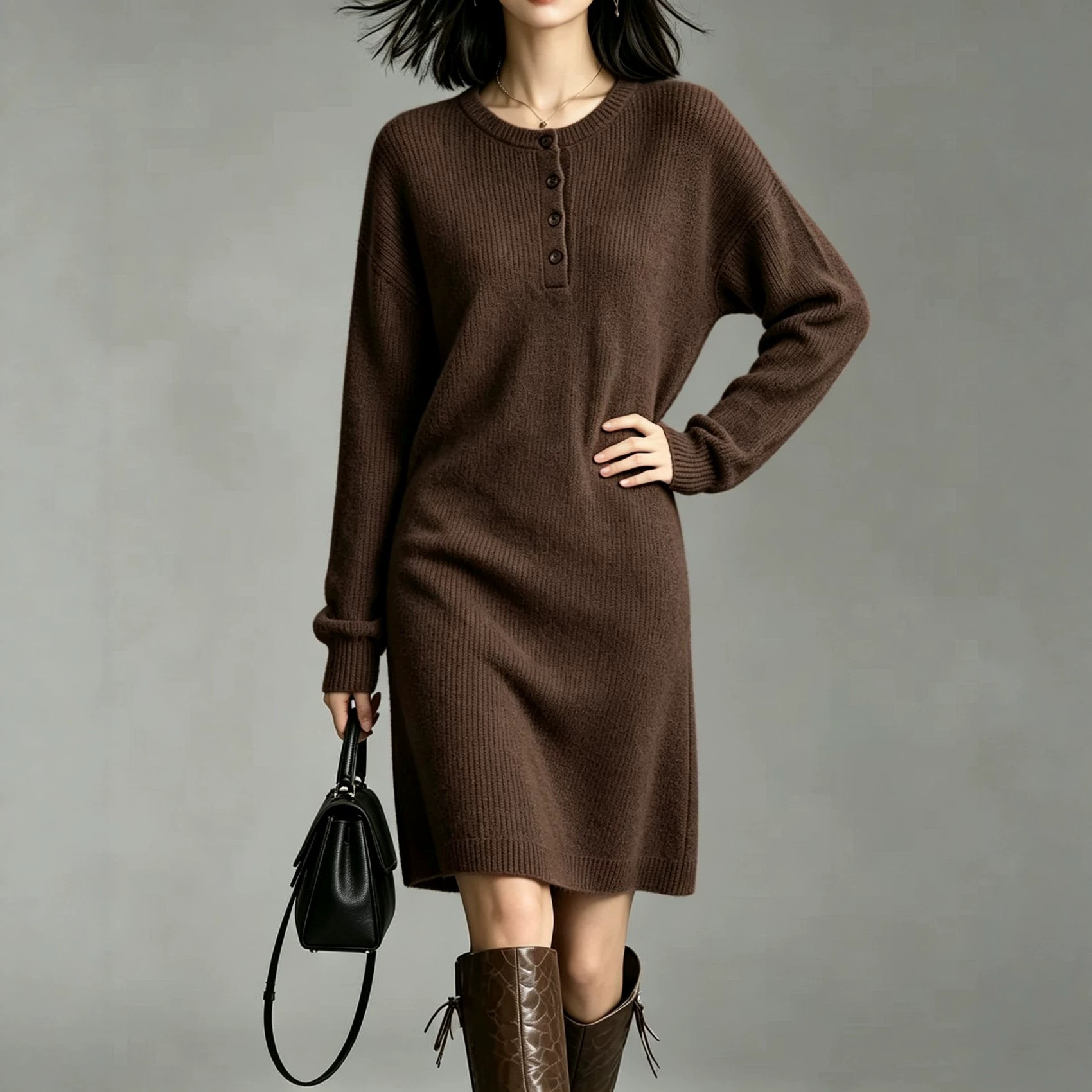 Women's Crewneck Solid Knit Midi Dress with Buttons