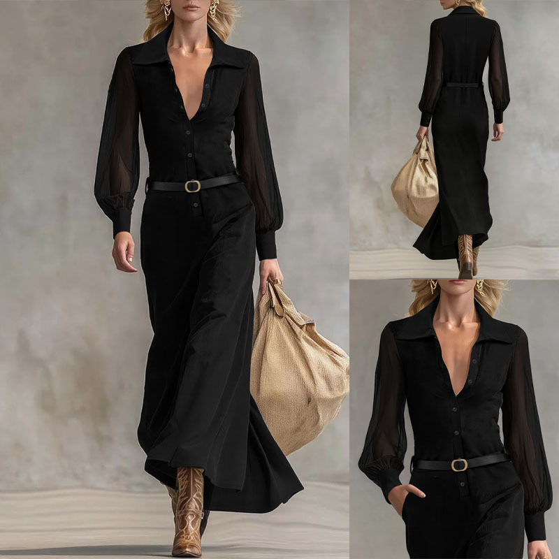 French-Style Black Shirt Dress with Sheer Sleeves and Cinched Waist