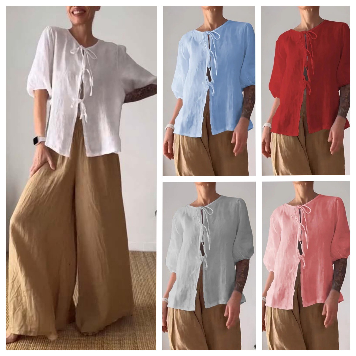 Women's Casual Solid Color Tie-Front Shirt and High-Waist Wide-Leg Pants Two-Piece Set