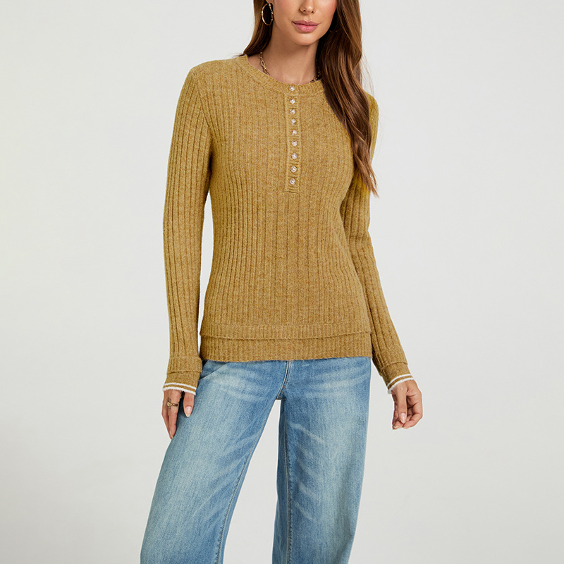 Women's Ribbed Knit Button-Front Crewneck Long-Sleeve Slim Sweater