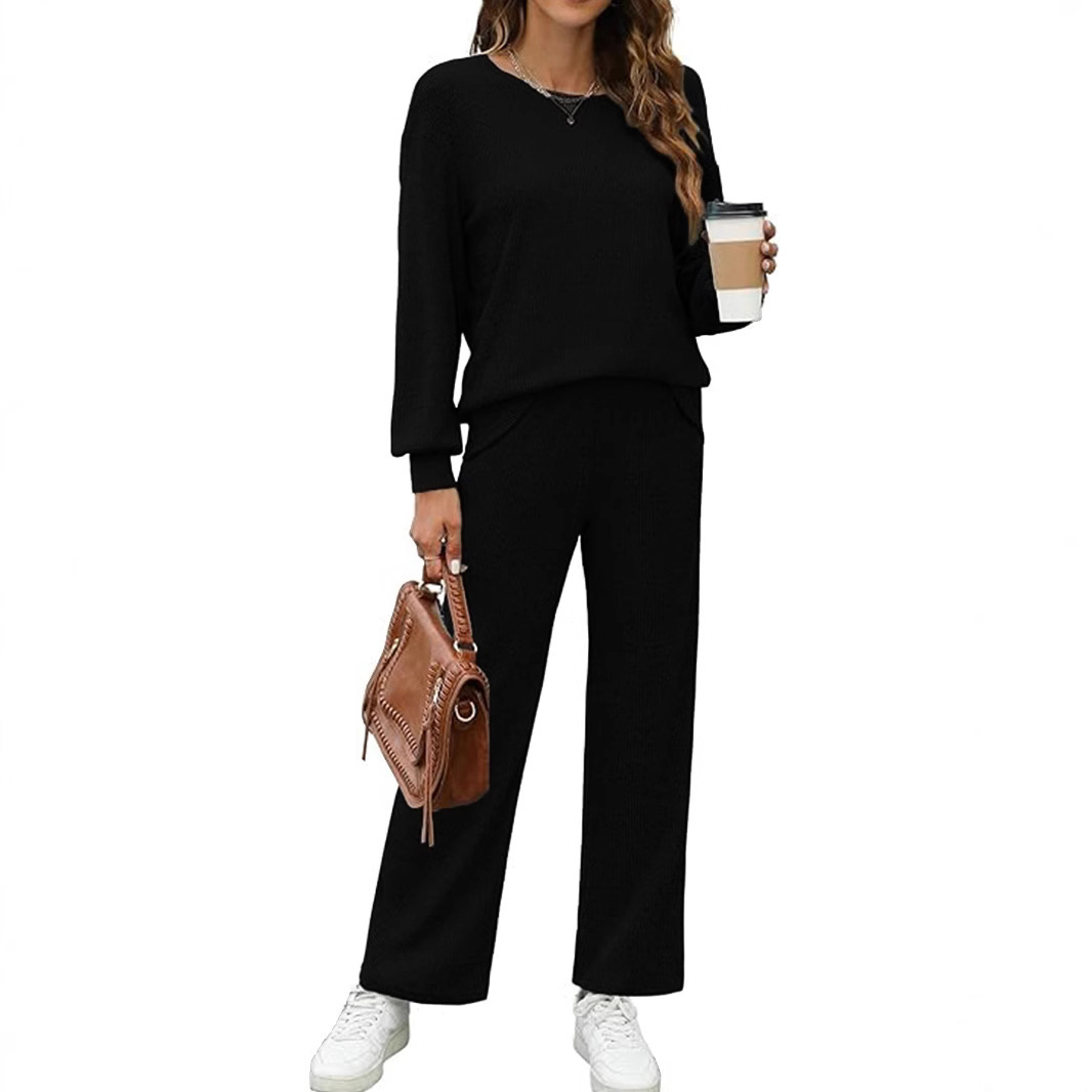 Minimalist Solid Knit Two-Piece Set: Crewneck Drop-Shoulder Long-Sleeve Top + High-Waist Wide-Leg Pants