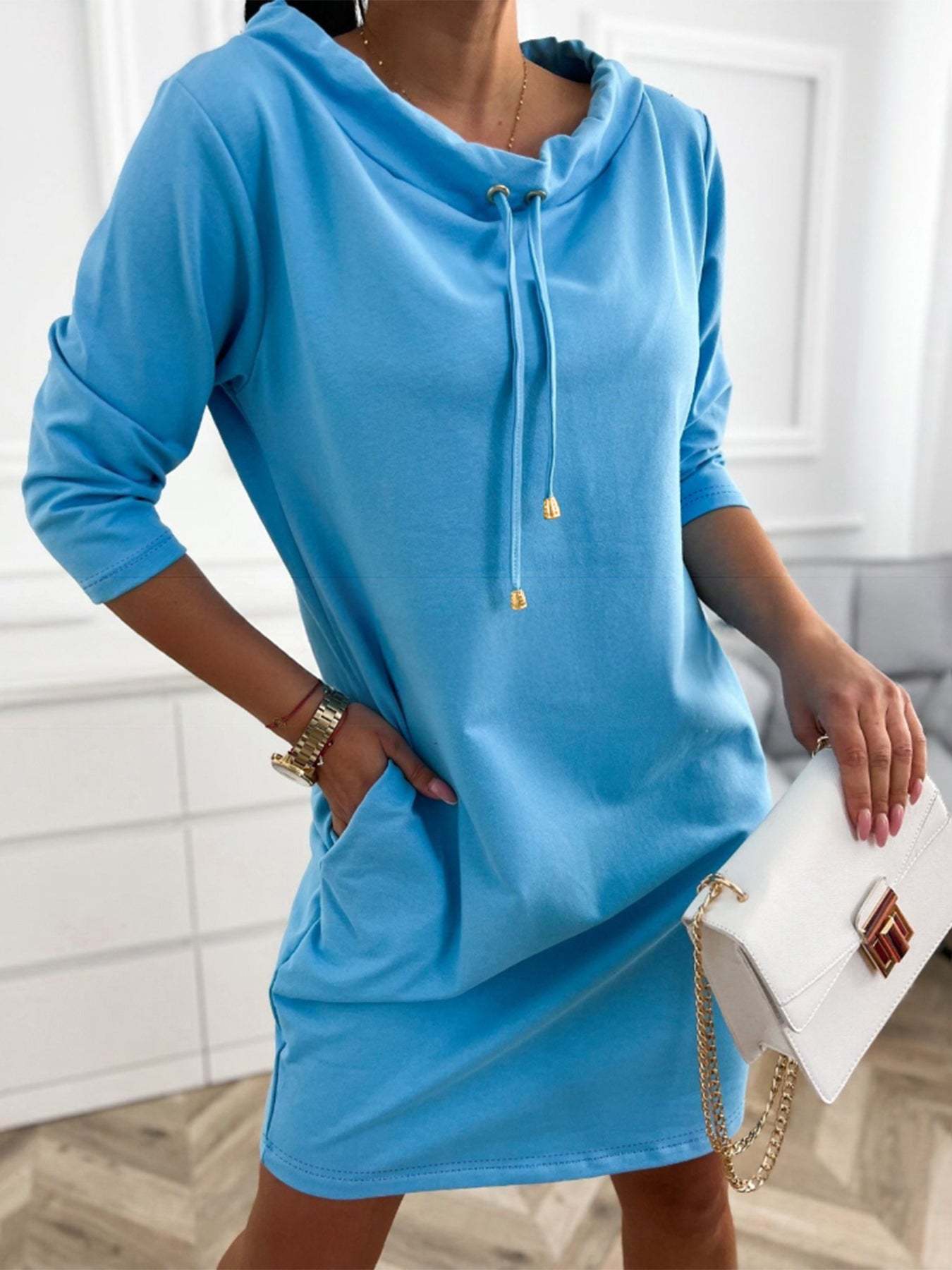 Women's Casual Hooded Sweatshirt Dress with Drawstring Stand Collar