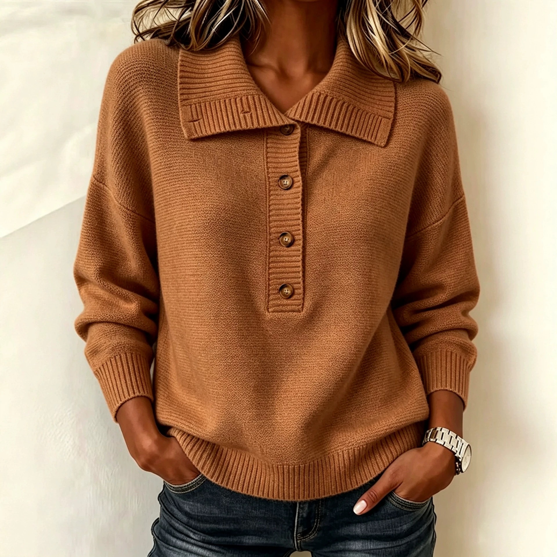 Retro Button Knit Sweater Solid Color Loose Casual Women's Top