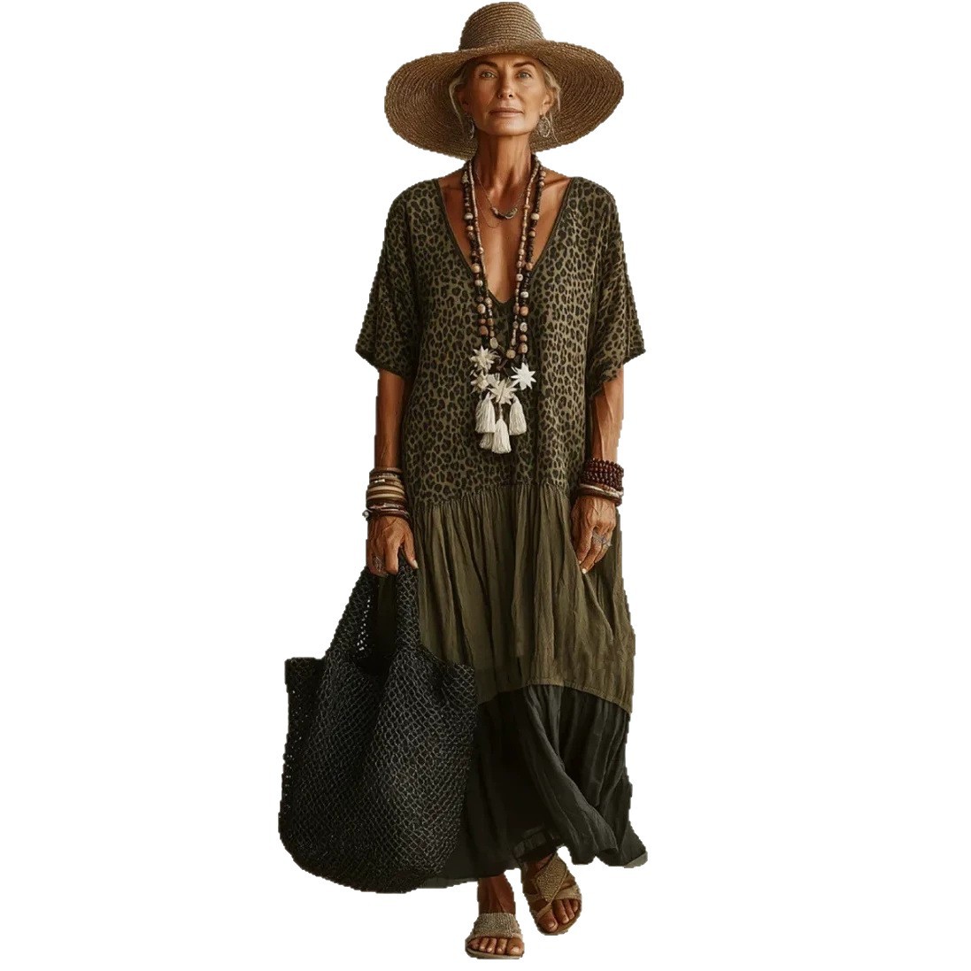 Leopard Print V-Neck Batwing Sleeve Color Block Boho Casual Dress