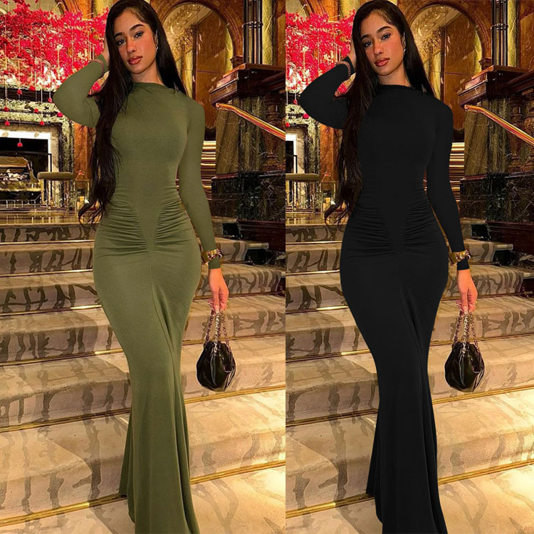 Pleated Round Neck Slim Fit Long Sleeve Dress