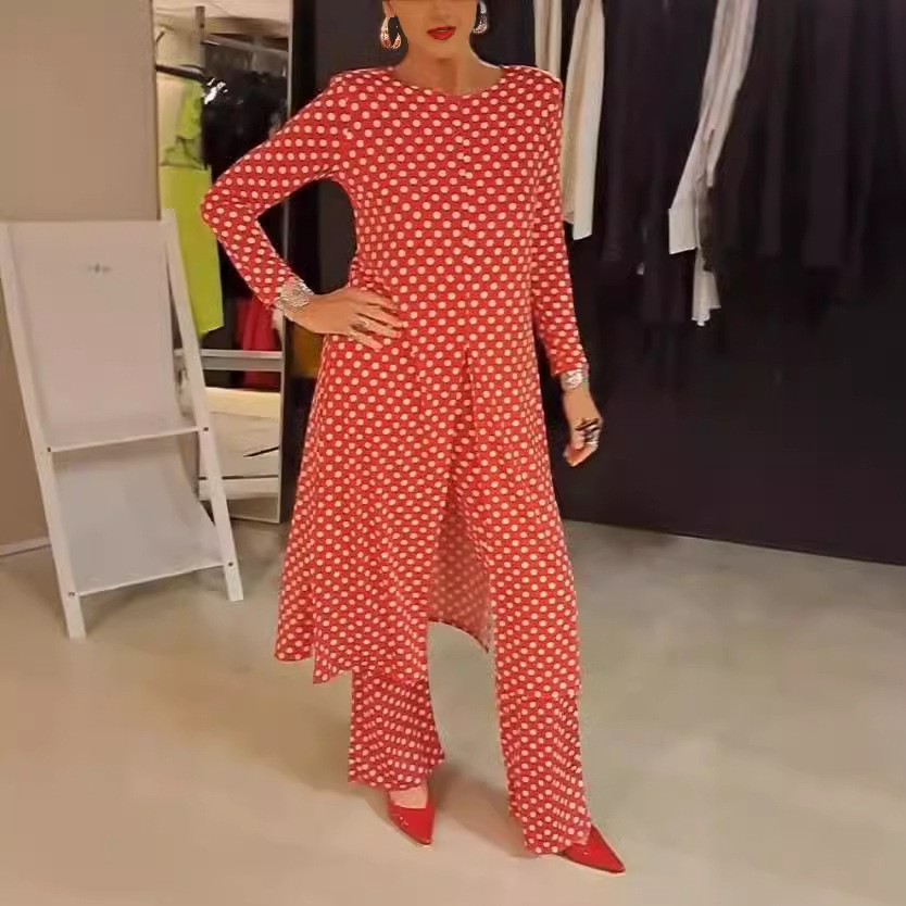 Polka Dot Round Neck Slim Fit Slit Long Top & Pants Set