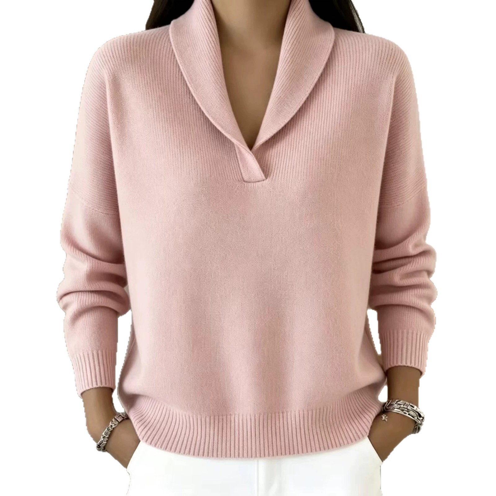 V-Neck Long-Sleeve Pullover Sweater Solid Color