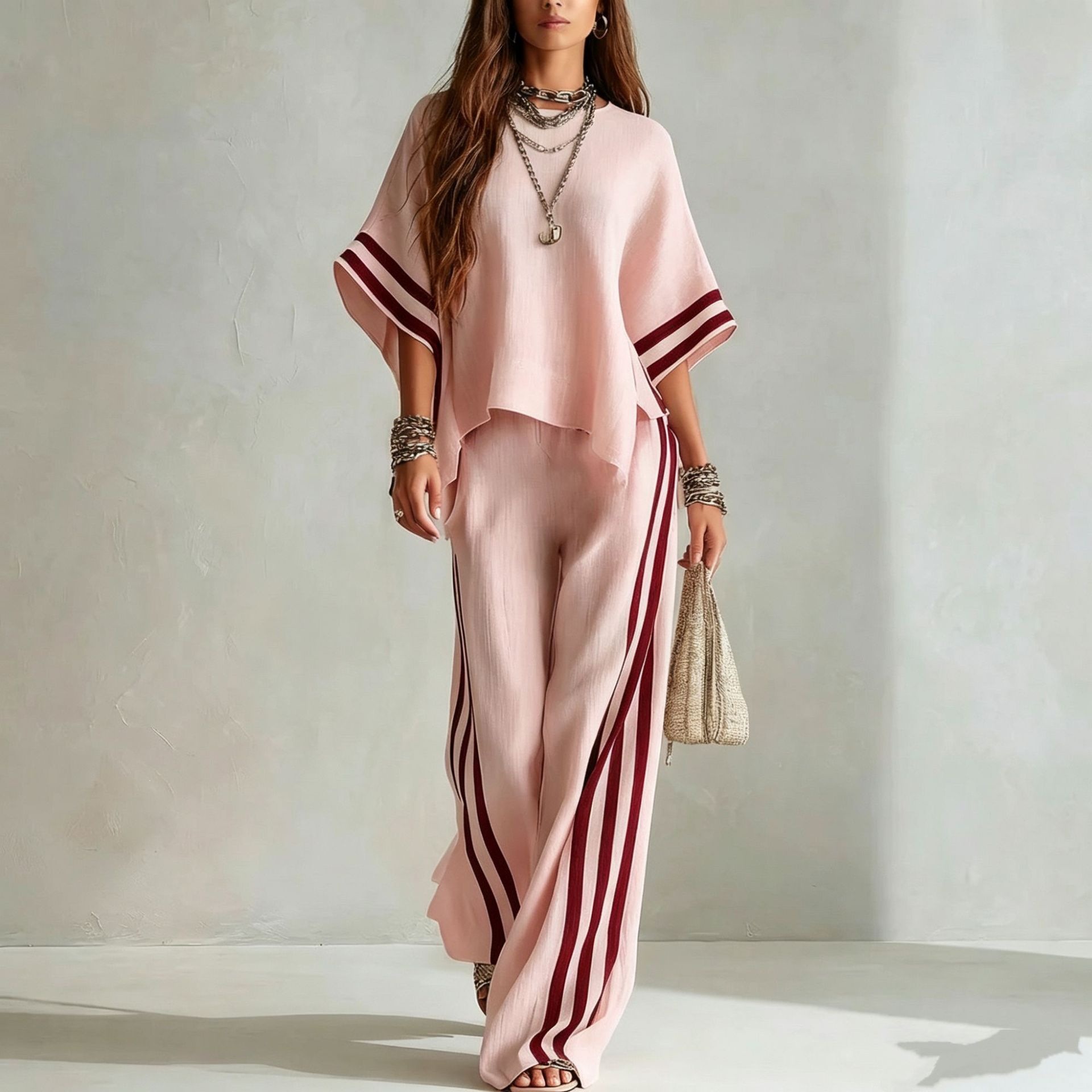 Women's Striped Two-Piece Wide-Leg Pants Set Casual Colorblock