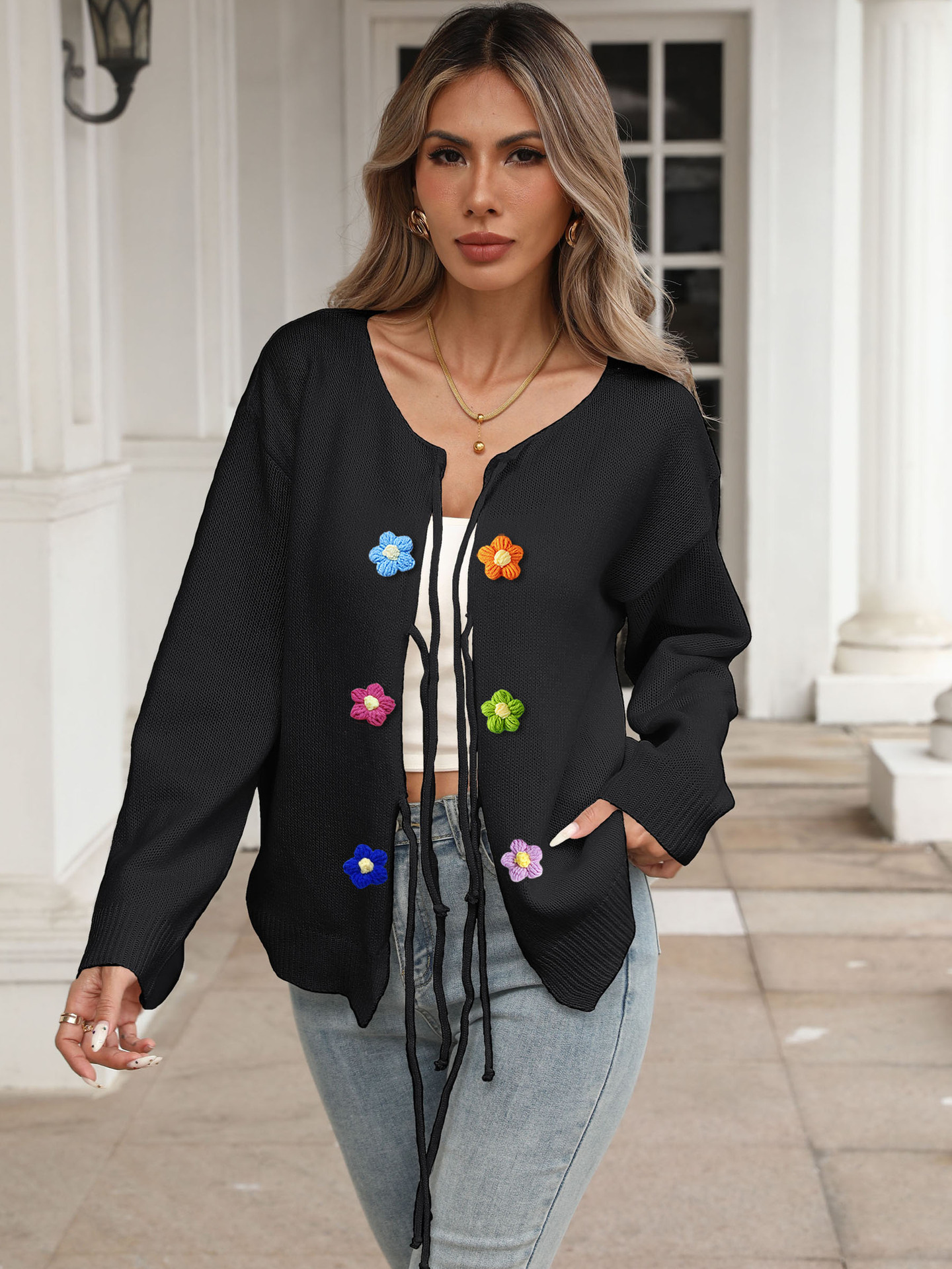 Women's Tie-Front Cardigan with Hand-Crocheted Floral Appliqué