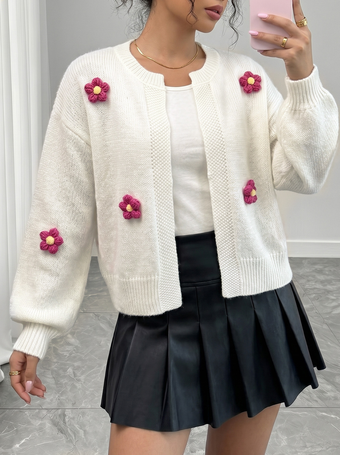 Hand-Crochet Floral Knit Cardigan Sweater