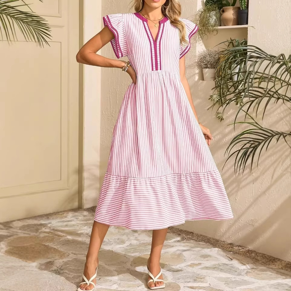 Striped Double Ruffle Short Sleeve Colorblock V-Neck Dress