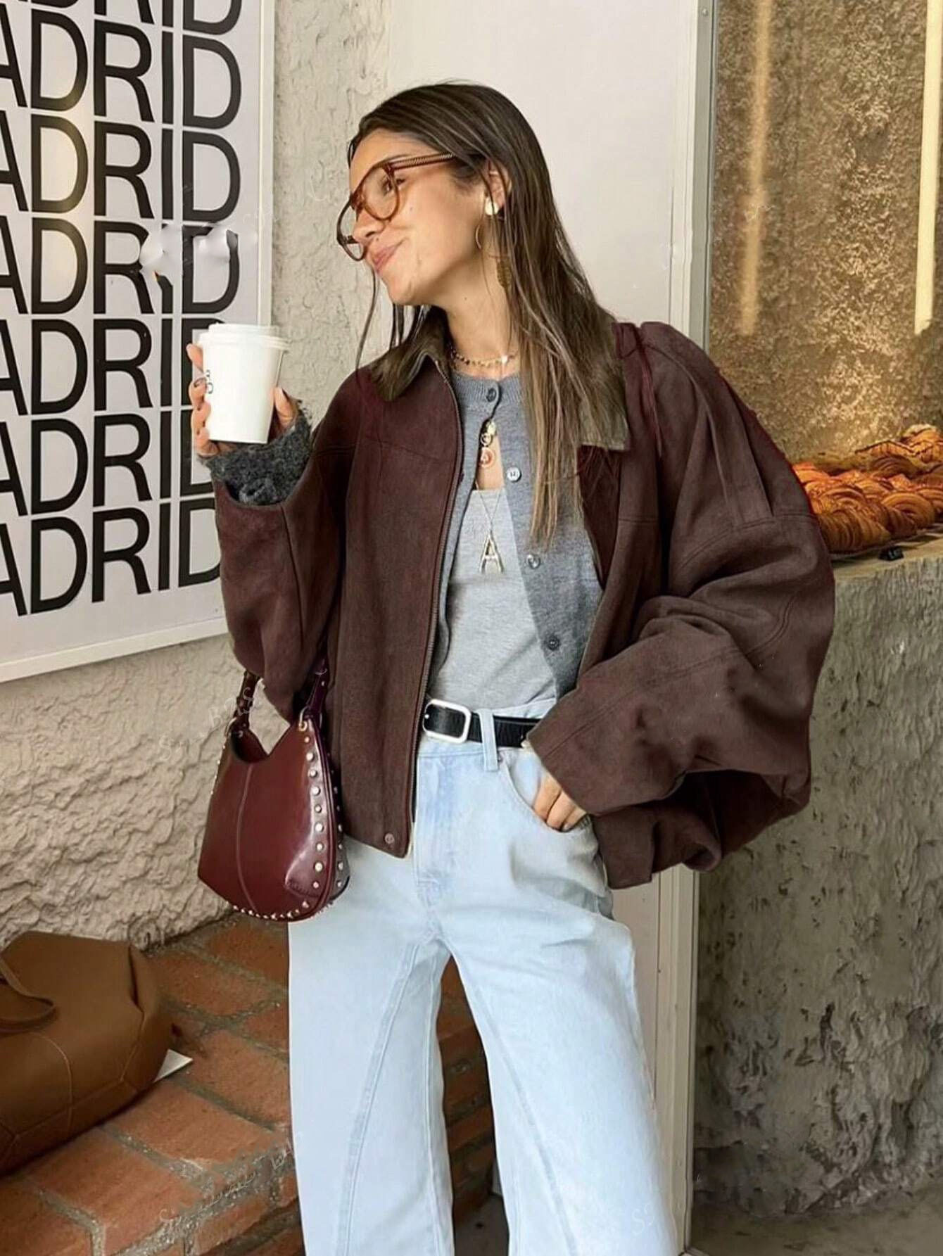 Women's Faux Leather Bomber Jacket with Batwing Sleeves and Zip Front