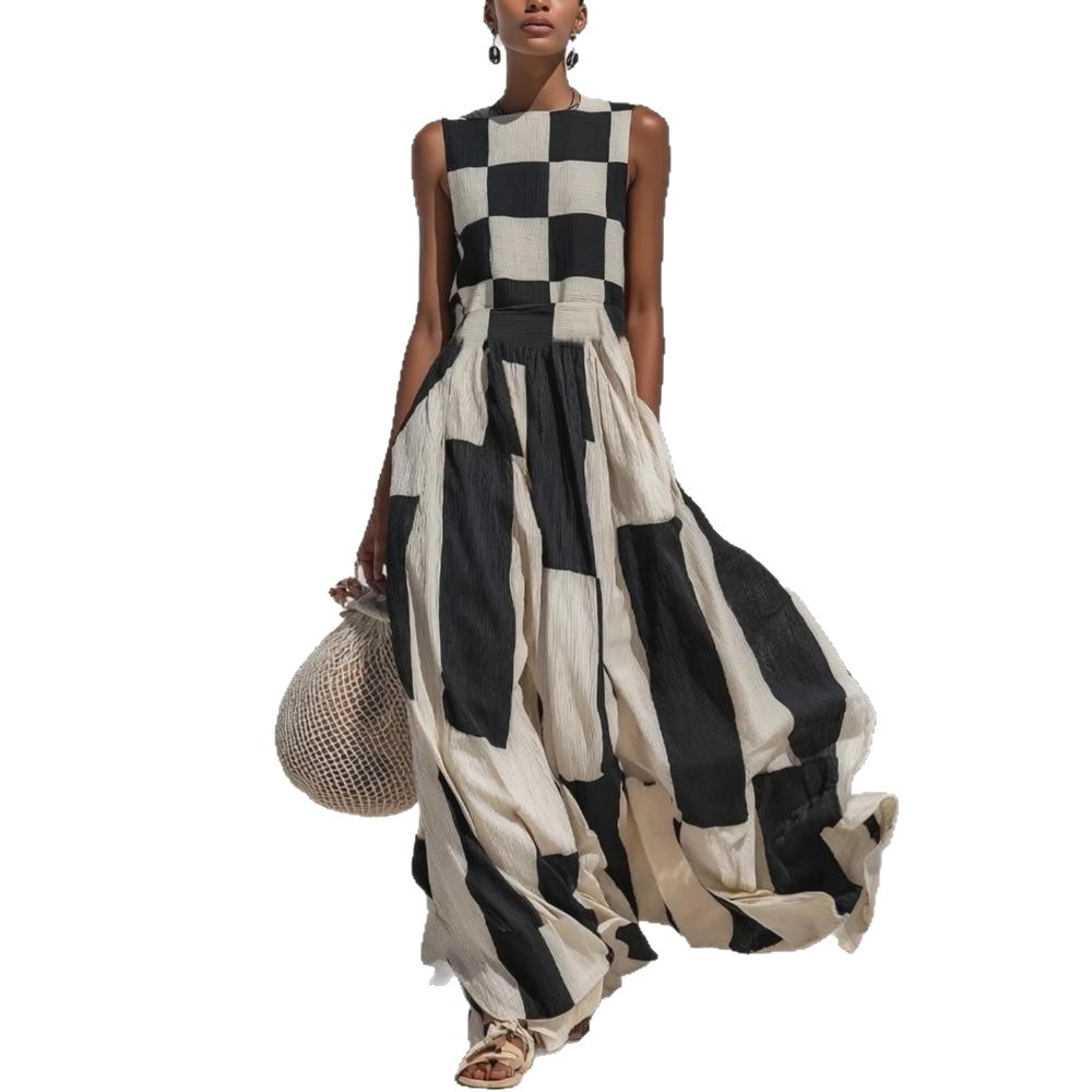 Sleeveless Black and White Plaid Long Dress
