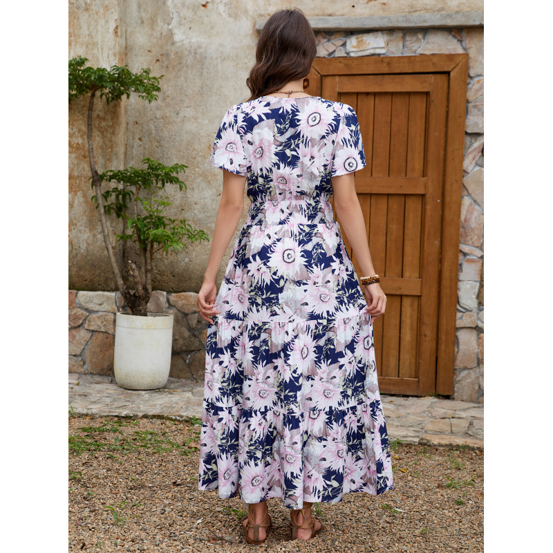 Printed V-Neck Short Sleeve Vacation Dress with Cinched Waist and Flared Long Skirt