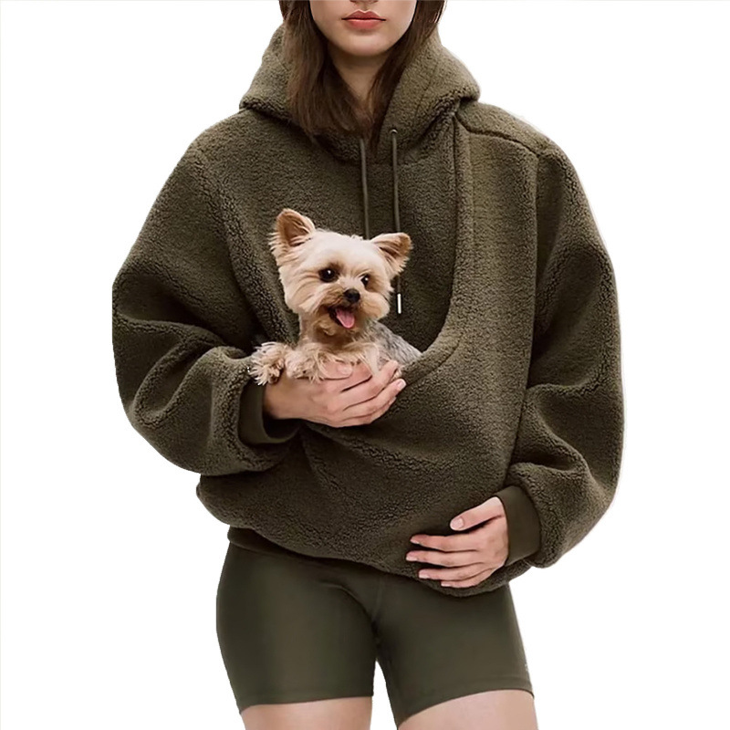 Solid Hooded Plush Pet Pouch Oversized Pullover Hoodie for Women