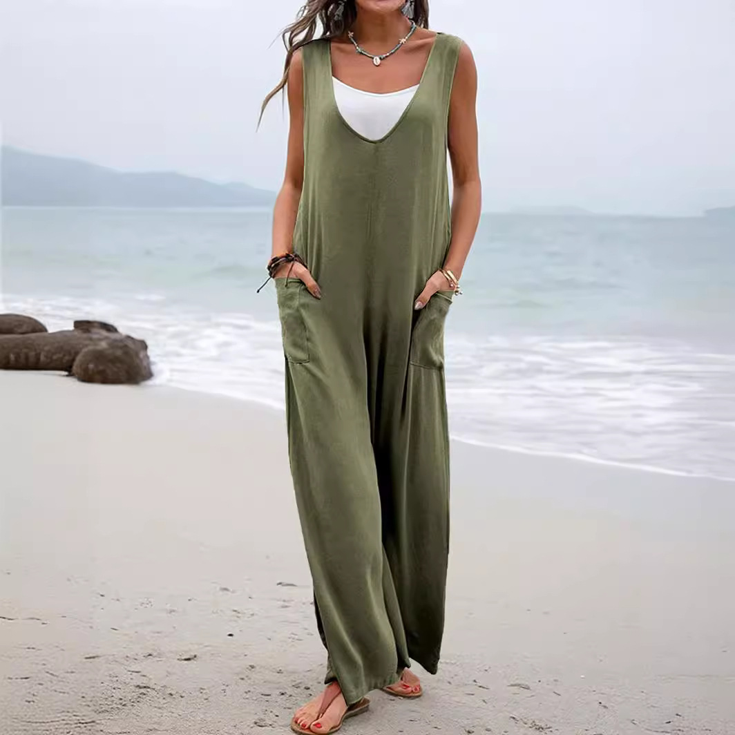 Women's Solid Color V-Neck Sleeveless Jumpsuit with Pockets
