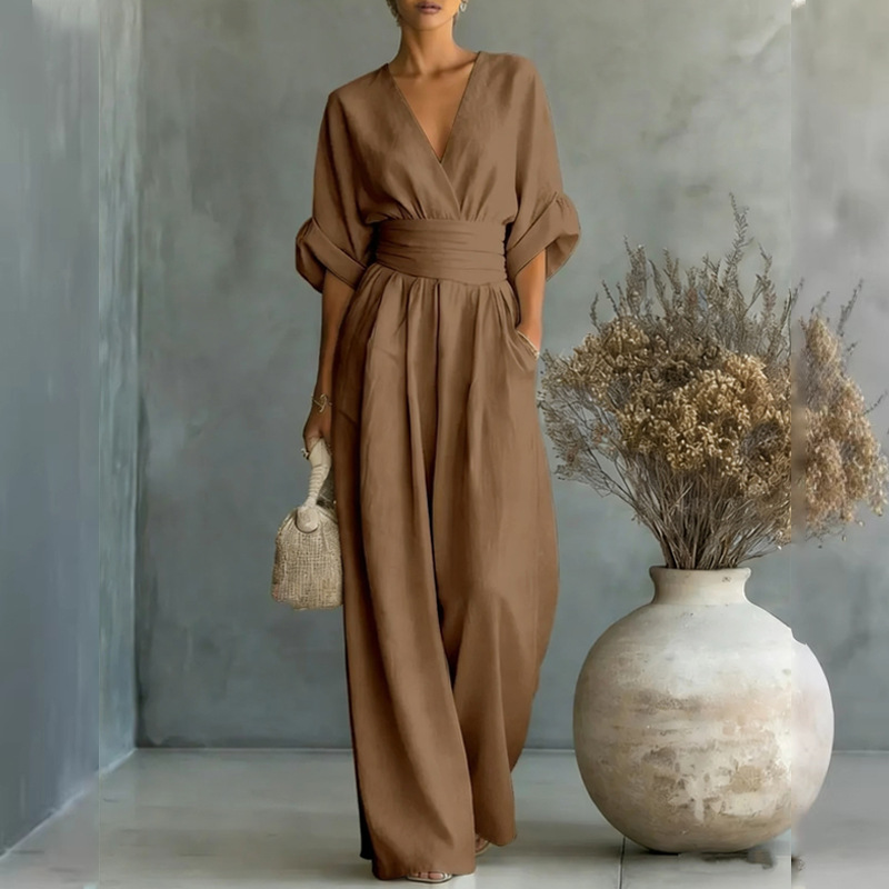 Women's Solid V-Neck Slim Waist Wide-Leg Jumpsuit