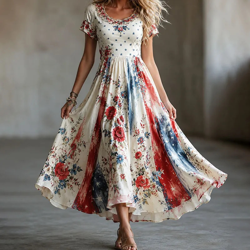 Women's Floral Print Ruched Midi Dress Crew Neck Half Sleeve