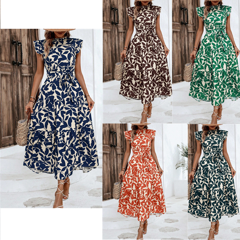 Women's Summer Floral Print Fairy Dress with Ruffle Sleeves and Tie