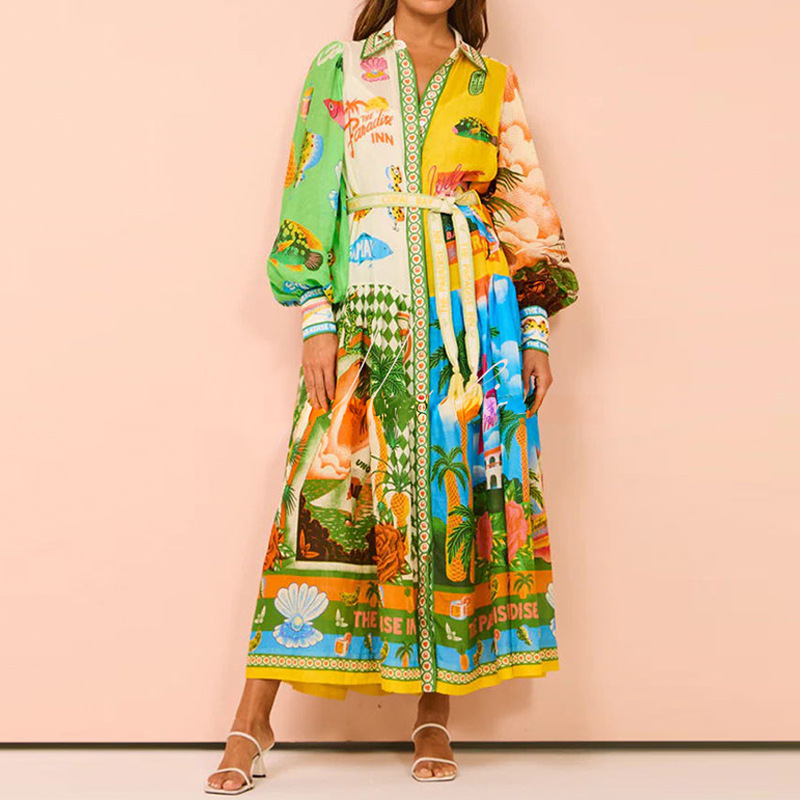 Women's Printed A-Line Dress with Lantern Sleeves and Belt