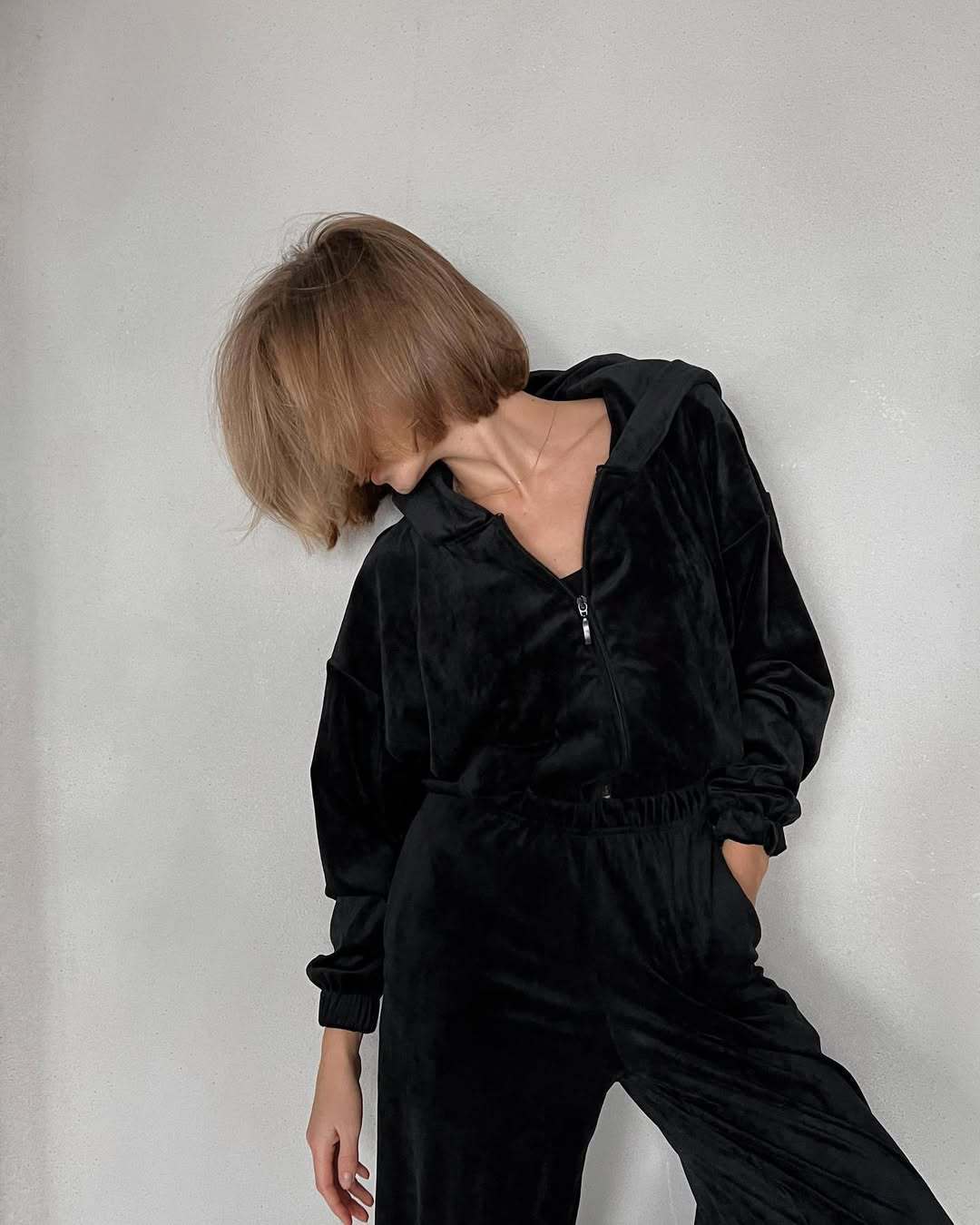 Velvet Hooded Cardigan & Straight-Leg Pants Two-Piece Set