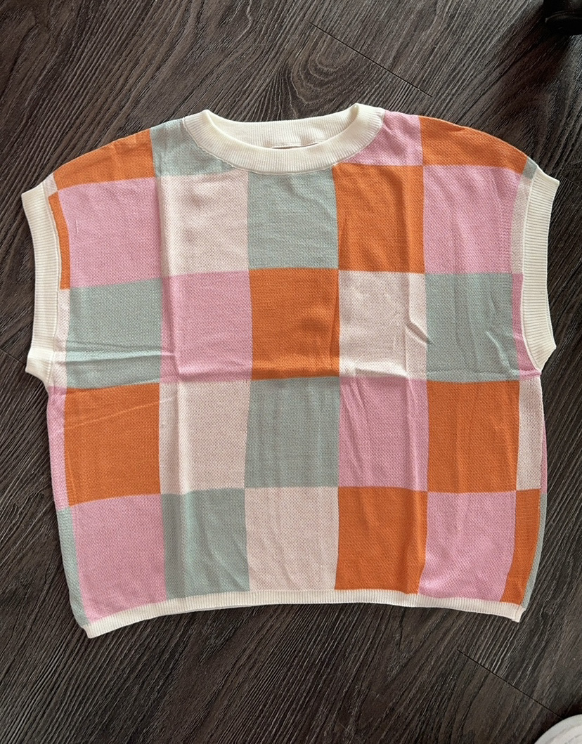 Color Block Checkered Crewneck Knit Crop Top with Cap Sleeves