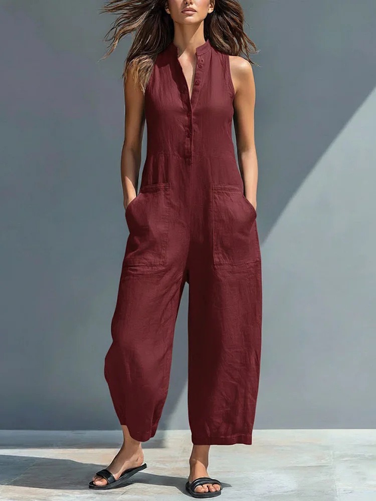Women's Sleeveless Stand Collar Pocket Jumpsuit Casual Solid Color Straight Leg