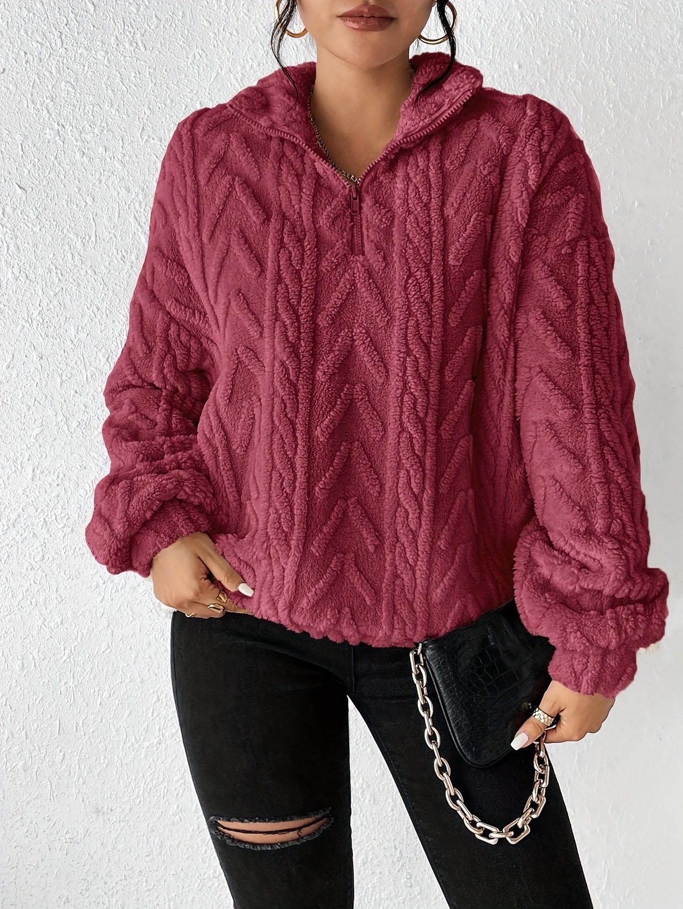 Women's Double-Sided Fleece Pullover with Zip and Jacquard Pattern