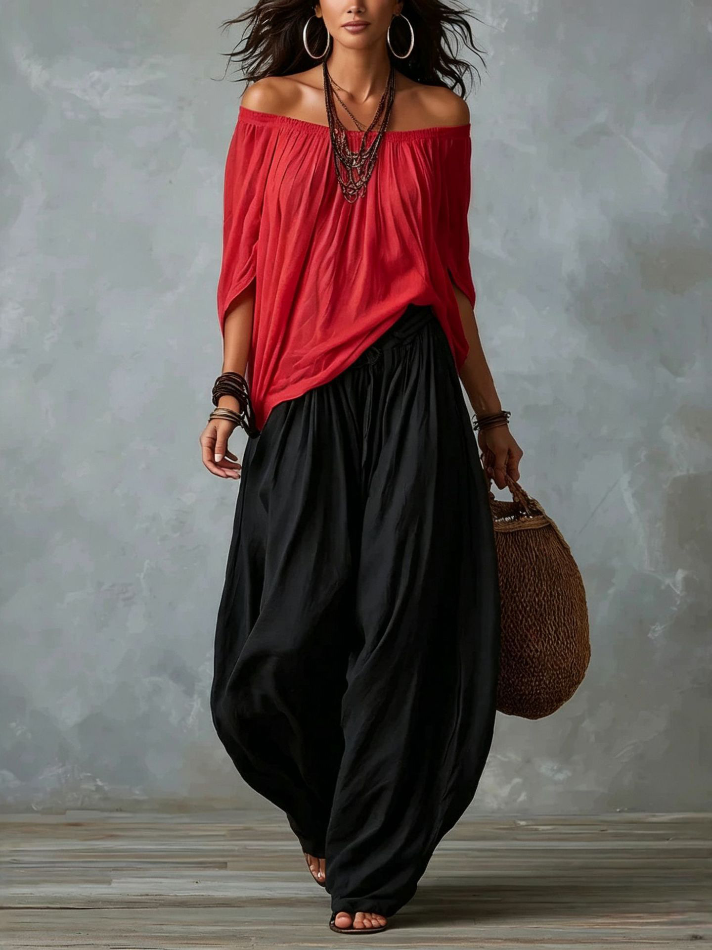 Women's Off-Shoulder Top and Wide-Leg Pants Set Casual Two-Piece Outfit