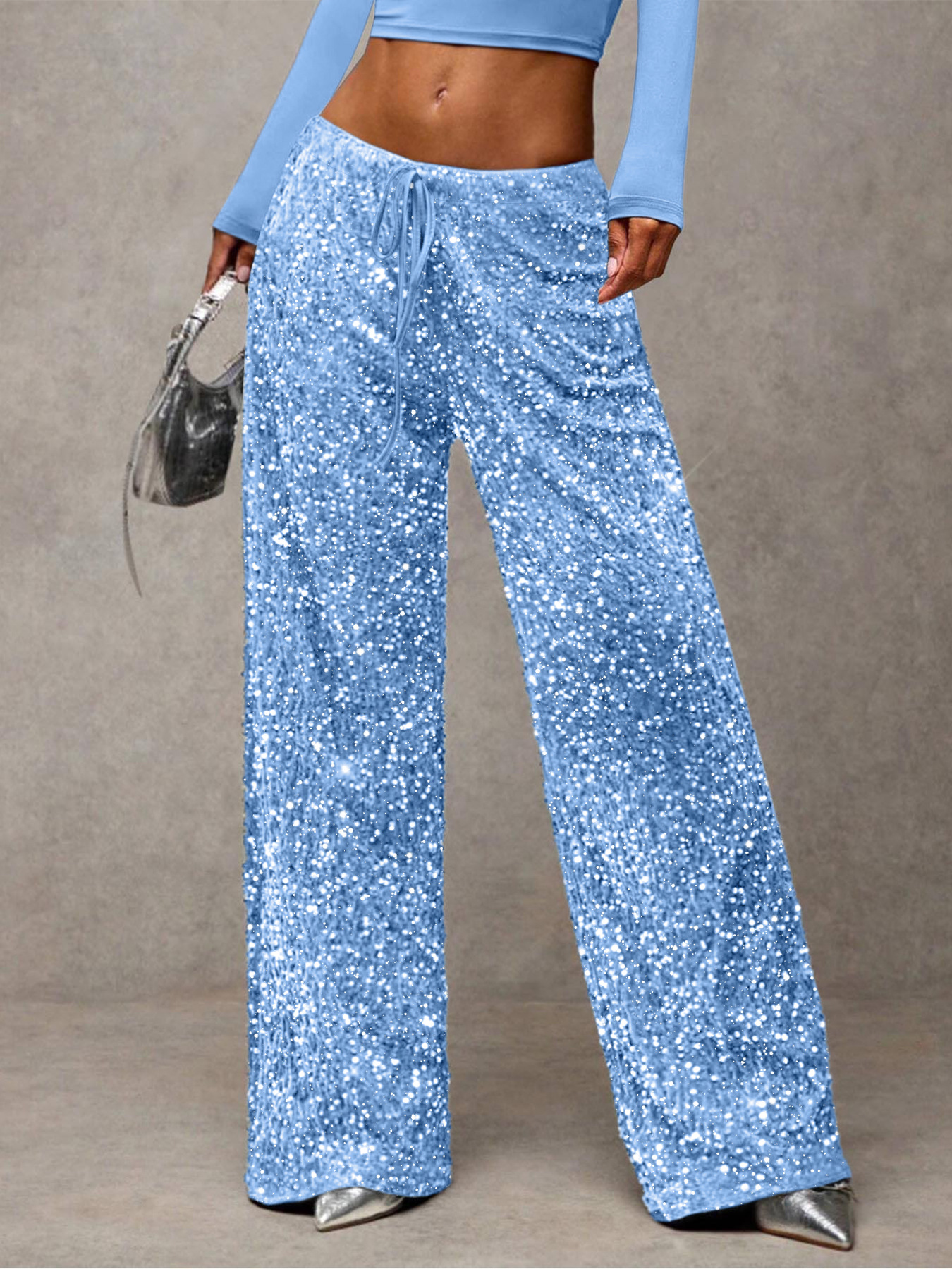 Sequin Drawstring Straight Leg Pants Stretch Slimming Women's