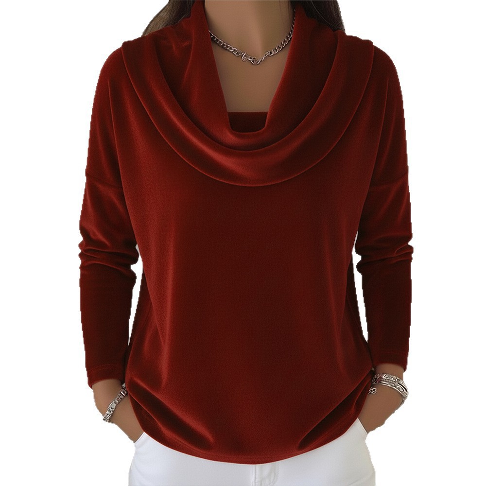 Women's Solid Velvet Long-Sleeve Top with Peter Pan Collar