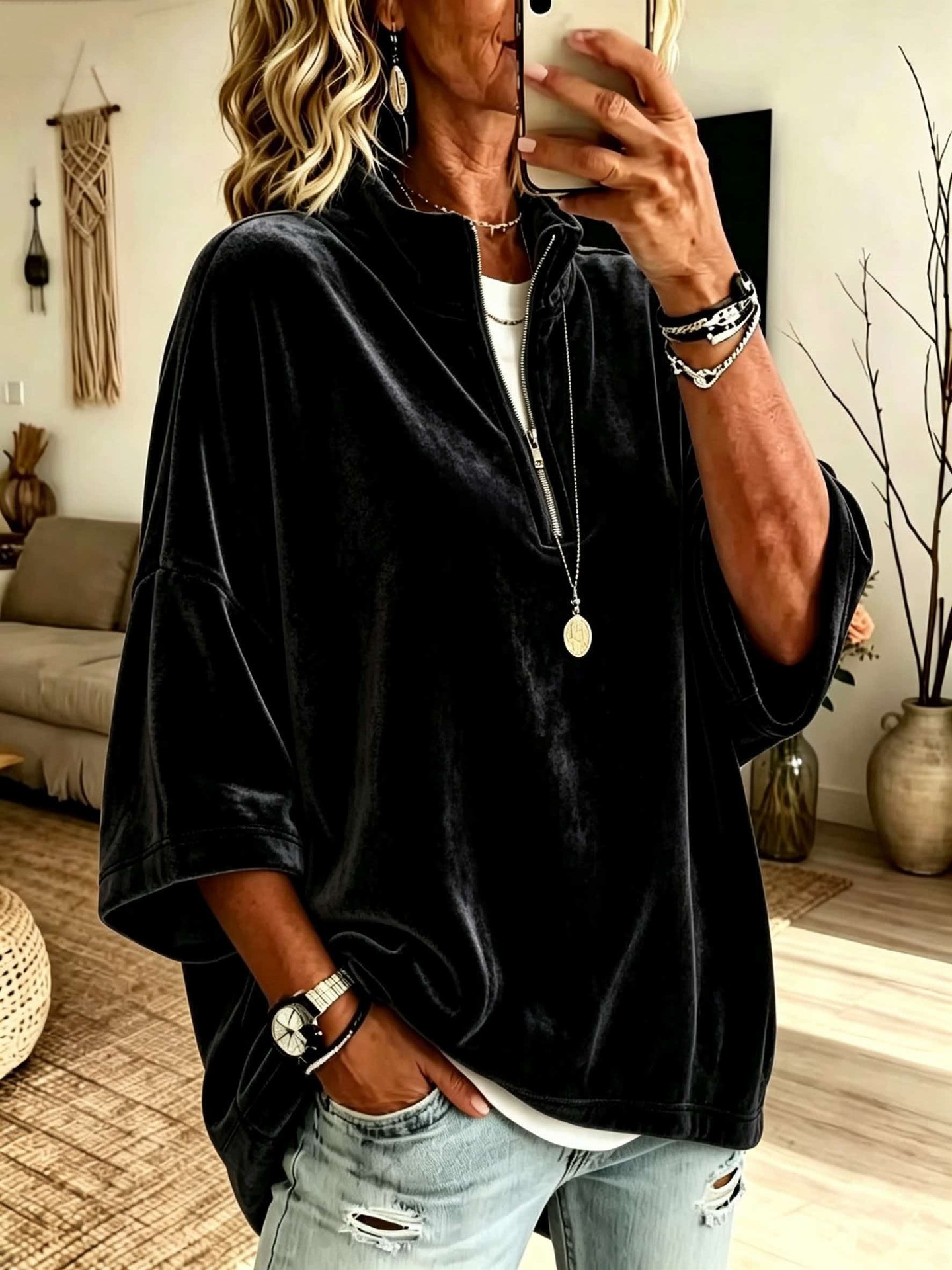 Women's Velvet Turtleneck Top with 7/8 Sleeves and Zip