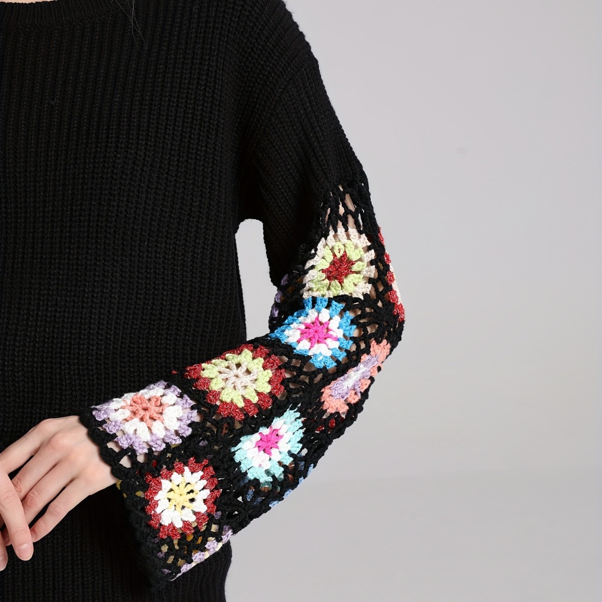 Women's Crochet Flared-Sleeve Pullover Sweater with Hollow-Out Colorblock Design