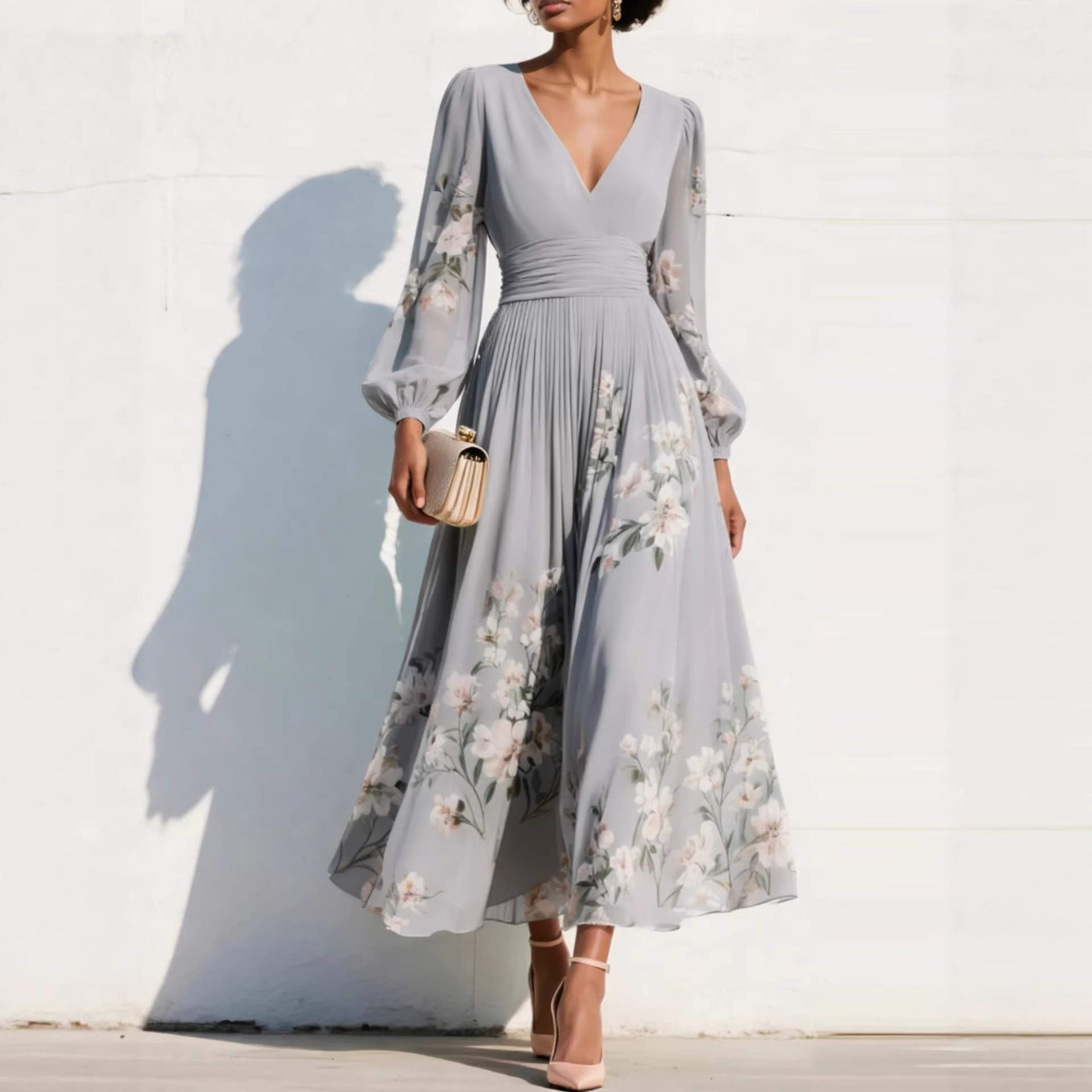 Floral Print V-Neck Pleated Long Sleeve Maxi Dress